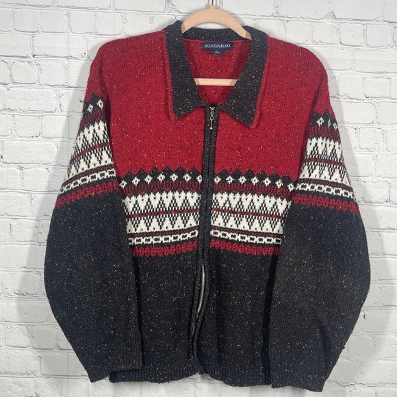 Mountain Lake Cardigan Sweater Large Red Black Nordic Aztec Sweater Chic - Picture 1 of 15